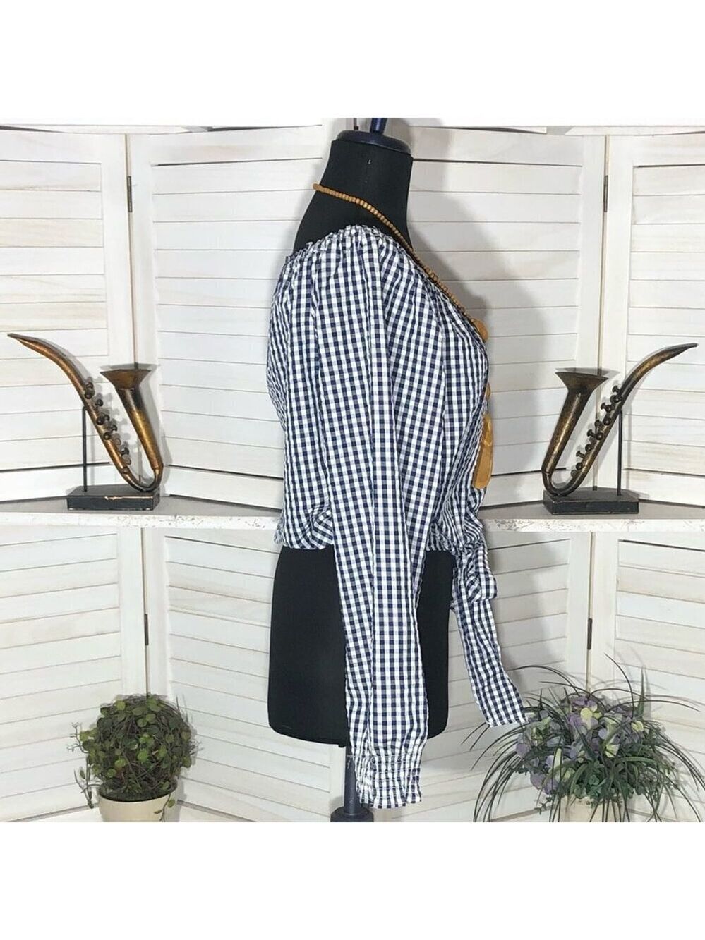 Gingham blouse off-shoulder tie waist coastal country cottage western festival M - Picture 3 of 9